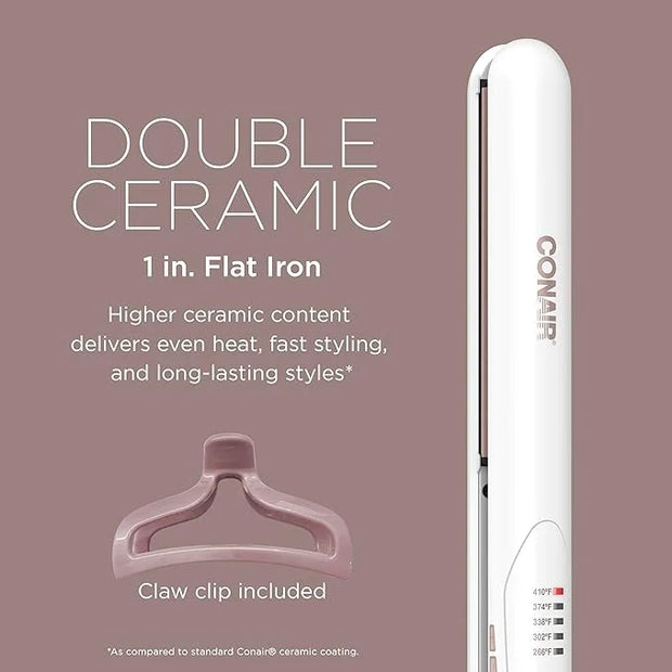 Conair Double Ceramic Flat Iron, 1-inch Hair Straightener with Bonus Claw Clip - Product Image
