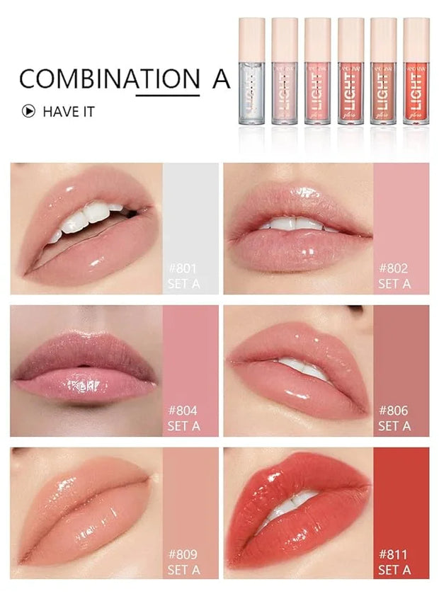 6PCS Lip Oil Light Lipgloss Set, Moisturizing Hydrating Lip Glow Oil Lip Gloss Kit High Shine Lip Plumping Glass Finish Li...