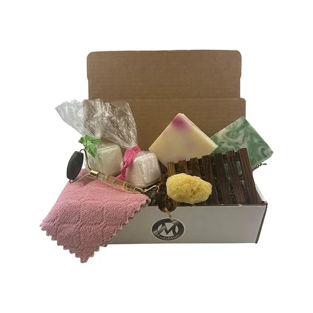 ModaMoo's Day Spa Gift Box Set. Cucumber Melon and Asian Tea Blossom Soaps, Jade Roller, Sea Sponge, and More - Product Image