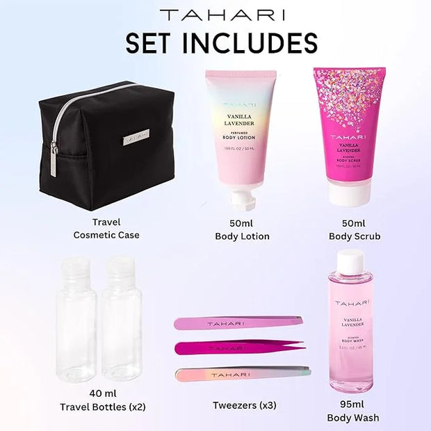 Tahari Vanilla Lavender Spa Gift Set for Women – Luxurious Bath Kit with Body Lotion, Body Scrub, Body Wash & Tweezers wit...