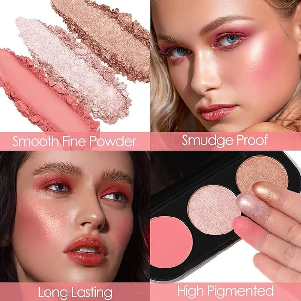 FOCALLURE Blush and Highlighter Palette,3 in 1 Makeup Powder, Cruelty-Free Matte, Shimmer Illuminator for a Glowing Look,#...