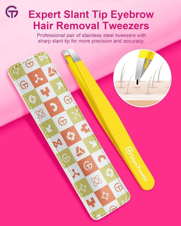 Expert Eyebrow Hair Removal Tweezer with Leather Case, GlamTweeler High Precision Slant Tip Stainless Steel Tweezers for M...