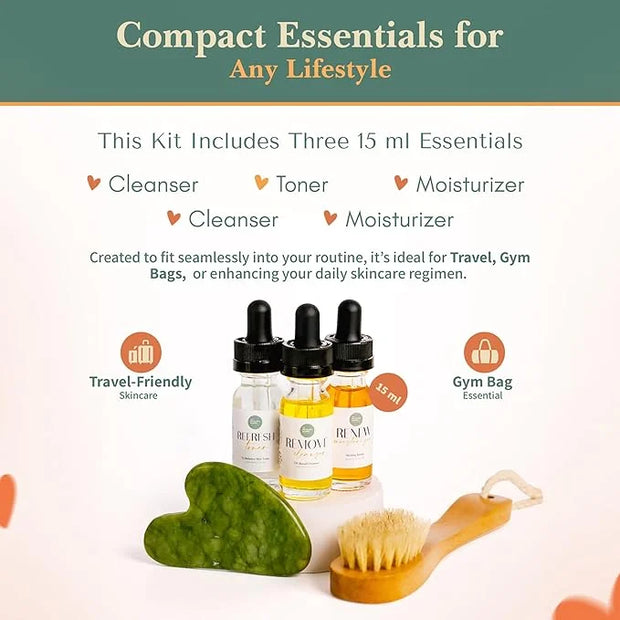 Healing Happy Method – Natural Skincare Trial Kit | 15ml Cleanser, Toner & Moisturizer + Face Brush & Gua Sha | Compact Fa...