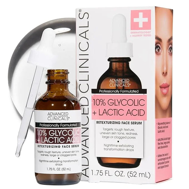 Advanced Clinicals Exfoliating 10% Glycolic Acid Serum For Face + Lactic Acid | Facial Exfoliant AHA + Salicylic Acid Seru...