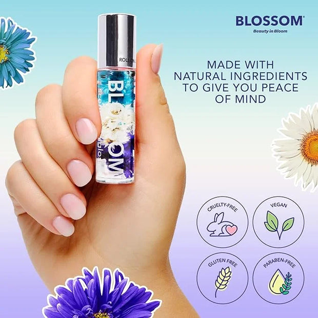 Blossom Roll on Lip Gloss, Scented Clear High Shine Moisturizing Lip Oil, Non Sticky, Infused with Real Flowers, Made in U...