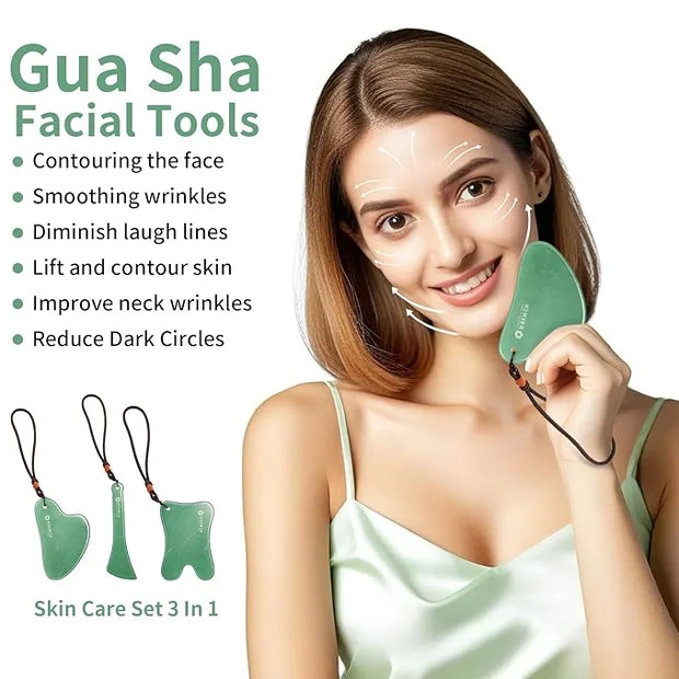 3PC Gua Sha Tools Set - Natural Nephrite Jade Facial & Body Stones, Hypoallergenic Skin Care Kit with Adjustable Cord & A ...