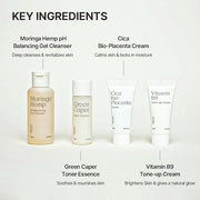 Travel Kit - Mini Travel Size Skincare Essentials - Moringa Hemp Gel Cleanser, Green Caper Toner Essence, Cica Bio-Placent...
