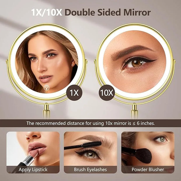 10X Large Lighted Makeup Mirror, Rechargeable 8" Height Adjustable Vanity Mirror, 1x/10x Magnifying Mirror with 3 Color, B...