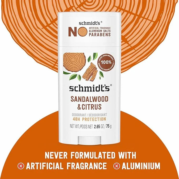 Schmidt's Aluminum-Free Vegan Deodorant Sandalwood & Citrus 4 Count for Women and Men, with 24 Hour Odor Protection, Natur...