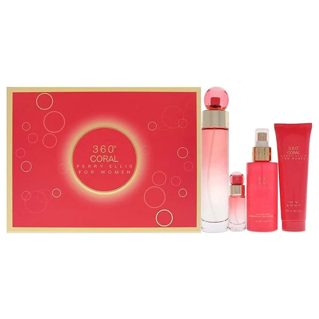Perry Ellis 360 Coral 3.4oz EDP Spray, 4oz Body Mist, 3oz Shower Gel, 0.25oz EDP Spray Women 4 Pc Gift Set - Product Image