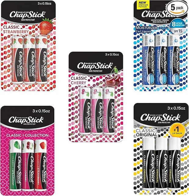 ChapStick Classic Collection Flavored Lip Balm Tubes Pack, Lip Moisturizer - 0.15 Oz (Box of 5 Packs of 3) - Product Image