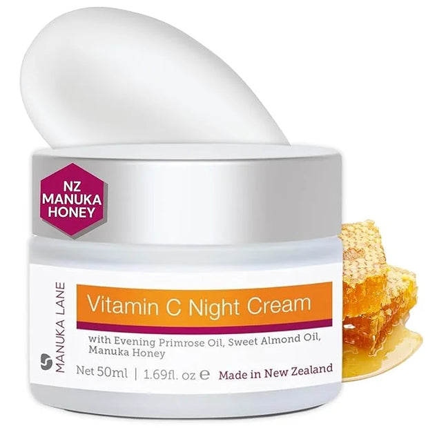 Vitamin C Night Cream for Face and Neck with Evening Primrose Oil, Manuka Honey & Sweet Almond Oil | Plant Based Formula |...