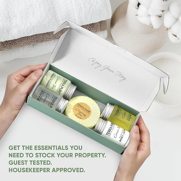 Terra Pure Green Tea Amenity & Accessory Kit | 1 oz Travel Size Shampoo, Conditioner, Lotion, Body Wash, 2 Soap Bars, Shav...