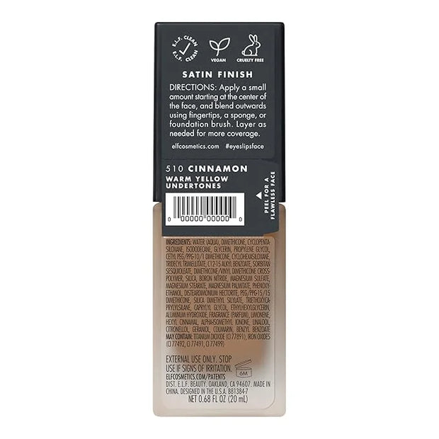 e.l.f. Flawless Satin Foundation, Lightweight & Medium Coverage, Semi-Matte Finish, Vegan & Cruelty-Free, Cinnamon, 0.68 F...