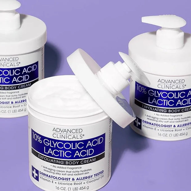 Advanced Clinicals 10% Glycolic Acid + Lactic Acid Lotion Exfoliant Moisturizing Cream With Hyaluronic Acid Moisturizer | ...