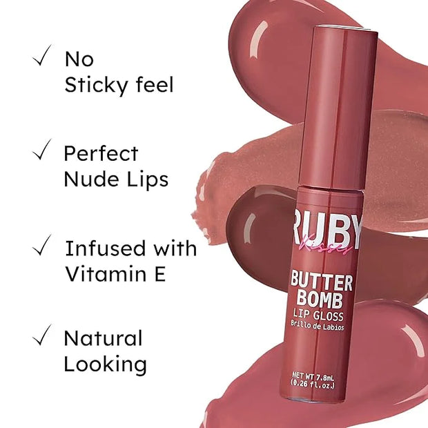 Ruby Kisses Lip Gloss Butter Bomb Gloss Non-Sticky Lip Gloss Vitamin E Natural Nude Lip Makeup - 7.8mL (0.26 US fl.oz) (Bl...