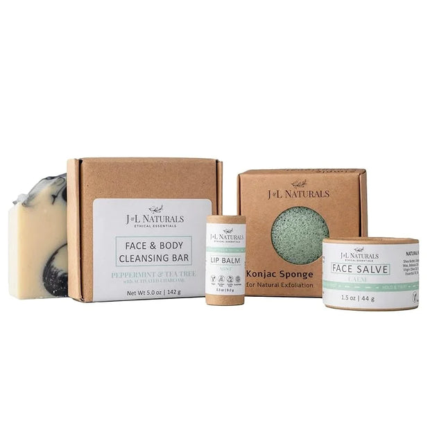 J&L Naturals Simple Skin Regimen Kit With Cleansing Bar, Face Salve, Konjac Sponge, Lip Balm | For Oily, Dry, Mature, and ...