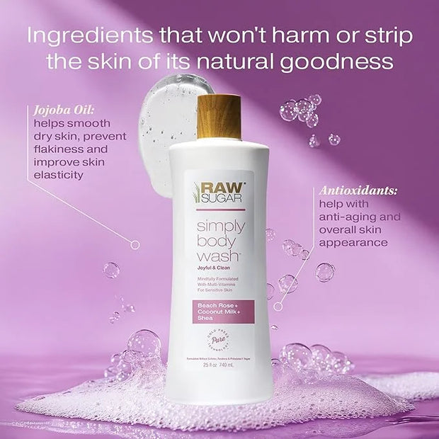 RAW SUGAR Simply Body Wash, Beach Rose + Coconut Milk + Shea (25 Fl Oz, Pack of 1) Sensitive Skin Bath Soap, Formulated wi...