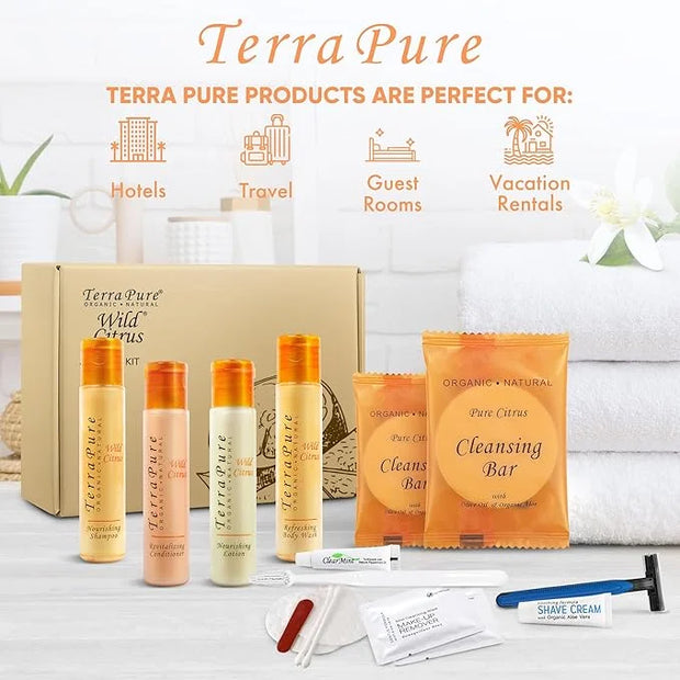 Terra Pure Amenity & Accessory Kit |1 oz Travel Size Shampoo, Conditioner, Lotion, Body Wash, 2 Cleansing Bars, Shave & De...