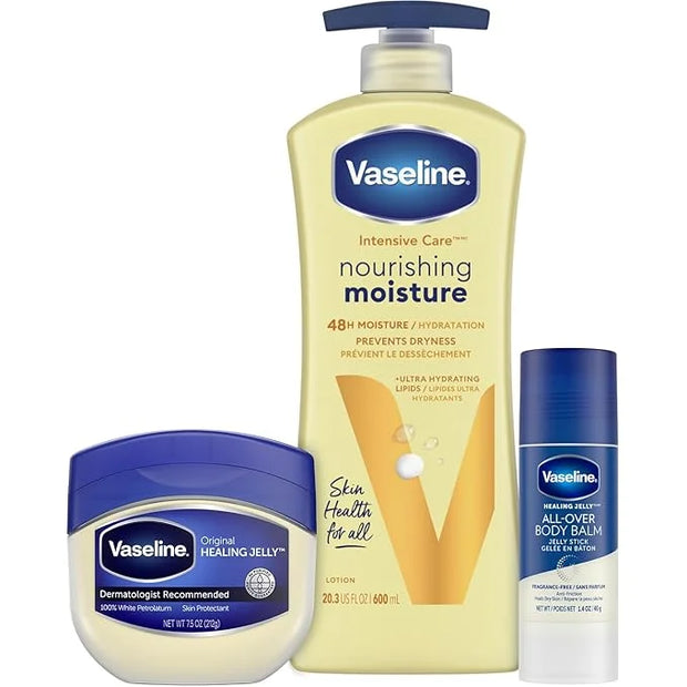 Vaseline Intensive Care Essential Healing Body Lotion, 20.3 oz, Bundled with Petroleum Jelly Original, 7.5oz, and All-Over...