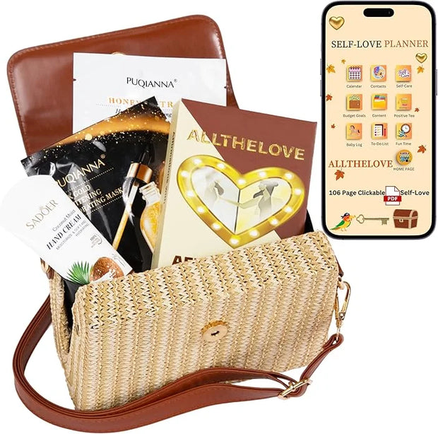 New Mom Spa Package – Luxury New Mom Care Set for Women with Chic Rattan Purse, Clickable Planner Download, Affirmation Ca...