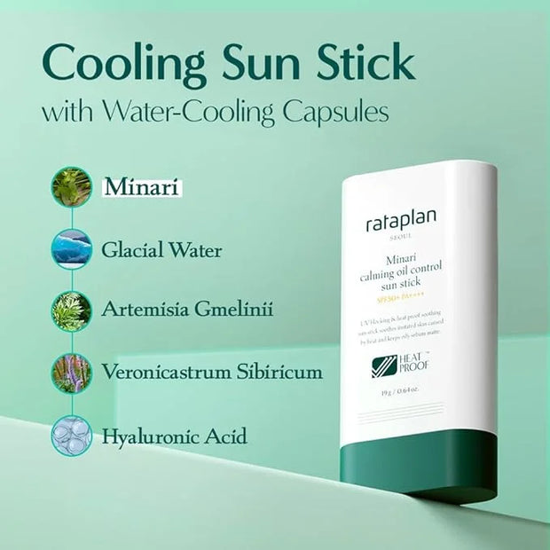 Rataplan Minari Calming Oil Control Sun Stick SPF 50+ PA++++ - Korean Sunscreen Stick for Face, Matte Sunscreen for Oily S...