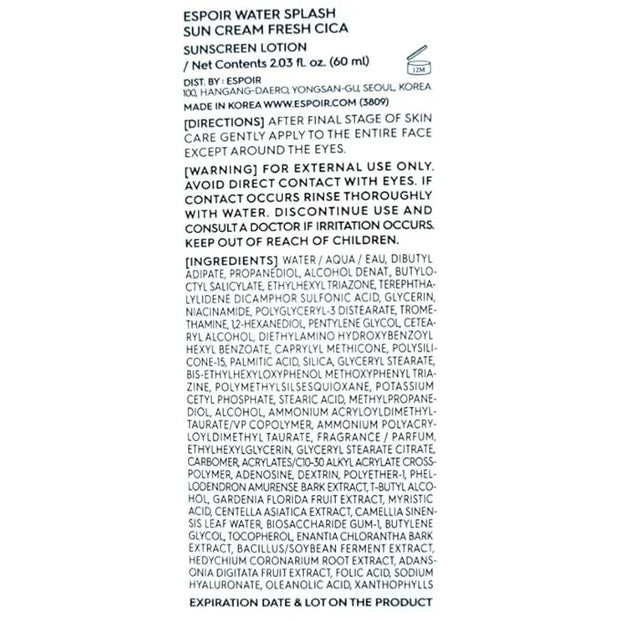 Espoir Water Splash Sun Cream Fresh Cica 2 oz SPF50+ PA++++ | Moisturizing and Soothing Vegan Sun Block Skin Care with Gre...