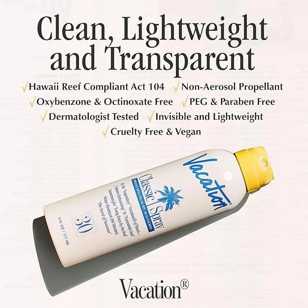 Vacation Classic Spray Sunscreen SPF 30 3-Pack, Broad Spectrum Sunscreen Spray, Vegan Sunblock Spray, Body Lotion with SPF...