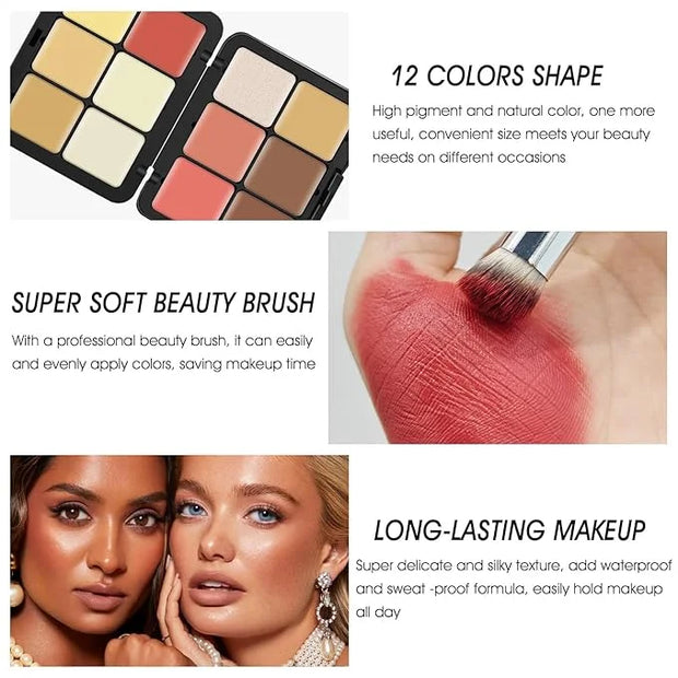 12 Colors Cream [Blush Contour Concealer Highlighter] Makeup Palette for Cheeks - All in One Makeup Palette Kit with Brush...