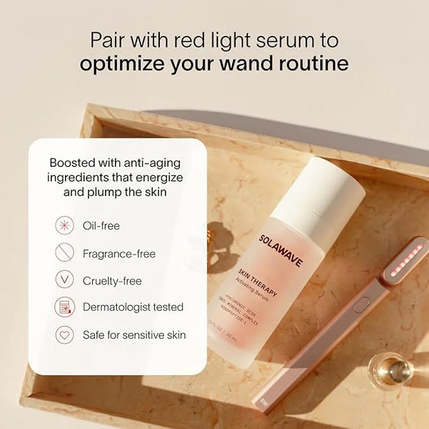Solawave Skincare Wand & Serum – 4-in-1 Galvanic Current, Face Massager, & Red Light Therapy Wand – 1 Oz Activating Serum ...