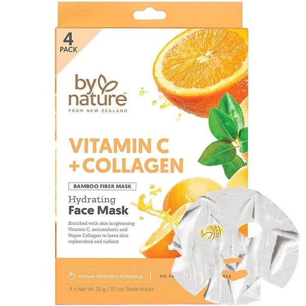 By Nature Hydrating Face Masks with Vitamin C + Collagen, Made From Bamboo Fiber from New Zealand (4 Pack) - Product Image