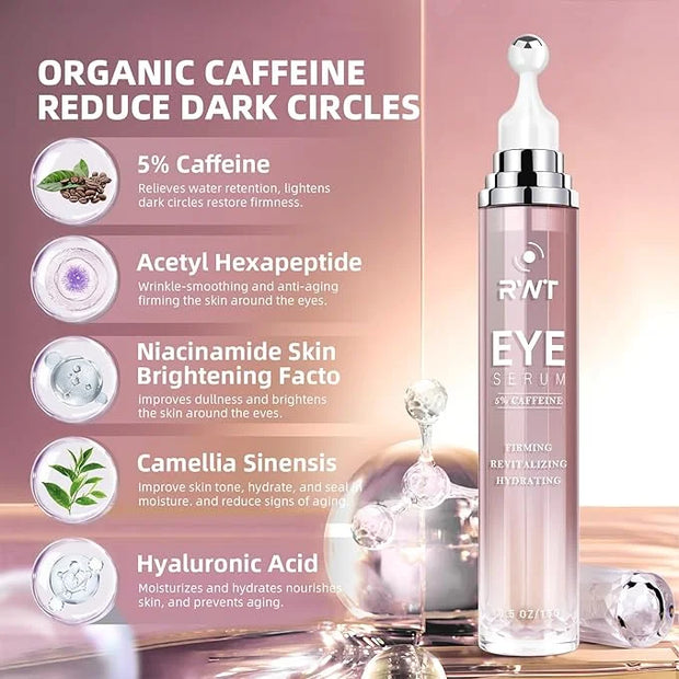 5% Caffeine Eye Cream & Under Eye Serum for Dark Circles and Puffiness Eye Care Eye Roller Serum with 360° Massage Ball Ey...