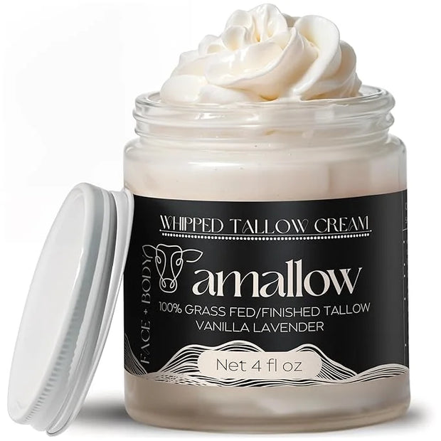 100% Grass Fed Beef Tallow for Skin Care - Face + Body - Whipped Moisturizer - Natural Lotion, 4 FL. oz. (Vanilla Lavender...