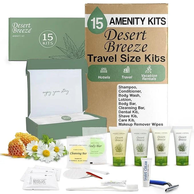 Desert Breeze Amenity & Accessory Kit | 1 oz Travel Size Shampoo, Conditioner, Lotion, Body Wash, Body Bar, Cleansing Bar,...