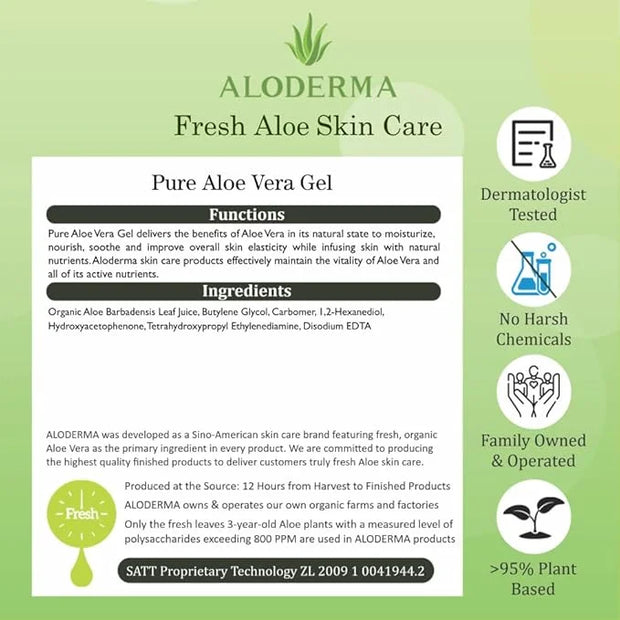 Aloderma Organic Aloe Vera Gel for Face Made within 12 Hours of Harvest, 96% Pure Aloe Vera Gel for Skin, Scalp, & Hair, S...