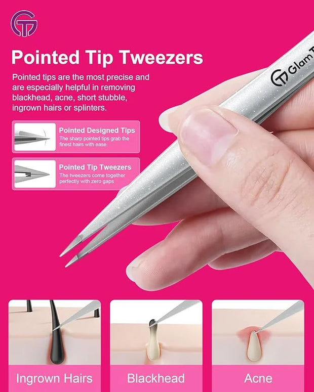 Expert Slant and Point Tip Tweezer Set with Exclusive Storage & Carrying Case, GlamTweeler Sharp & Precision Tweezer Set f...
