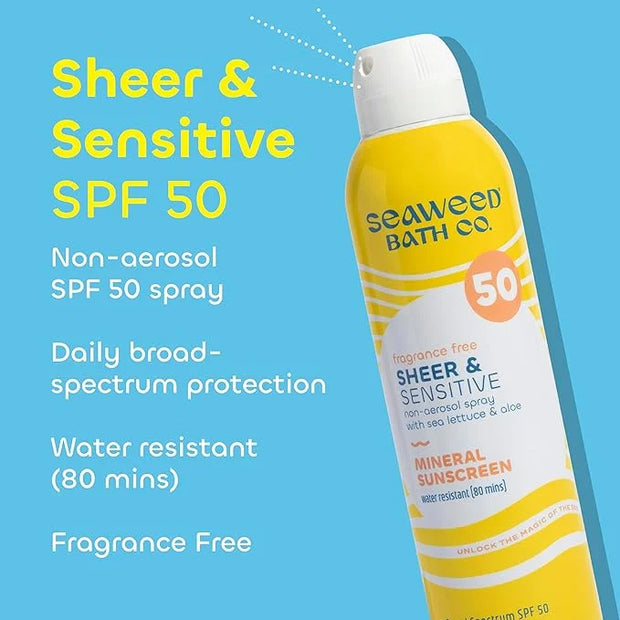 Seaweed Bath Co. Sheer Mineral Sensitive SPF 50 Broad Spectrum Sunscreen Spray, 6 Ounce, Fragrance Free, Sustainably Harve...