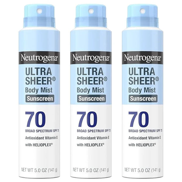 Neutrogena Ultra Sheer Body Mist Sunscreen Spray, Broad Spectrum SPF 70, Lightweight Spray Sunscreen, Non-Greasy & Water R...