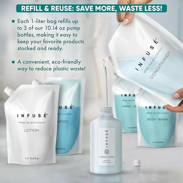 1 Liter Conditioner Refill Bag For Soap Dispensers | Bulk Toiletries for Vacation Rentals, and Home Bathroom Showers | Whi...