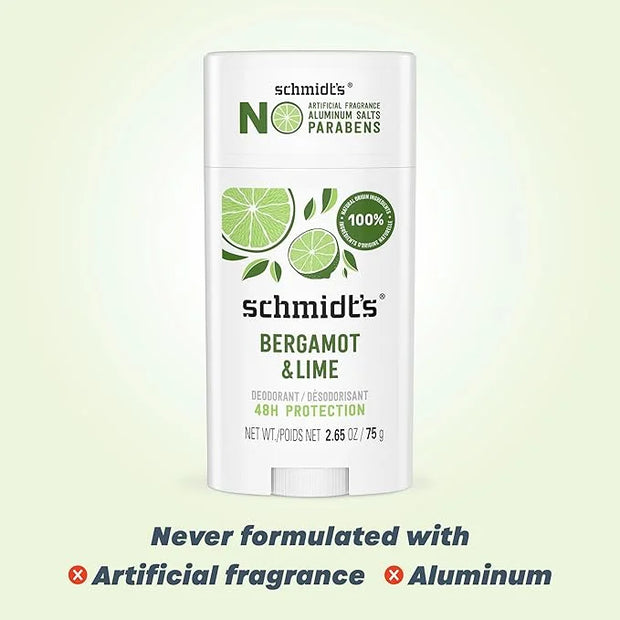Schmidt's Aluminum-Free Vegan Deodorant Bergamot & Lime 4 Count for Women and Men, with 24 Hour Odor Protection, Natural I...
