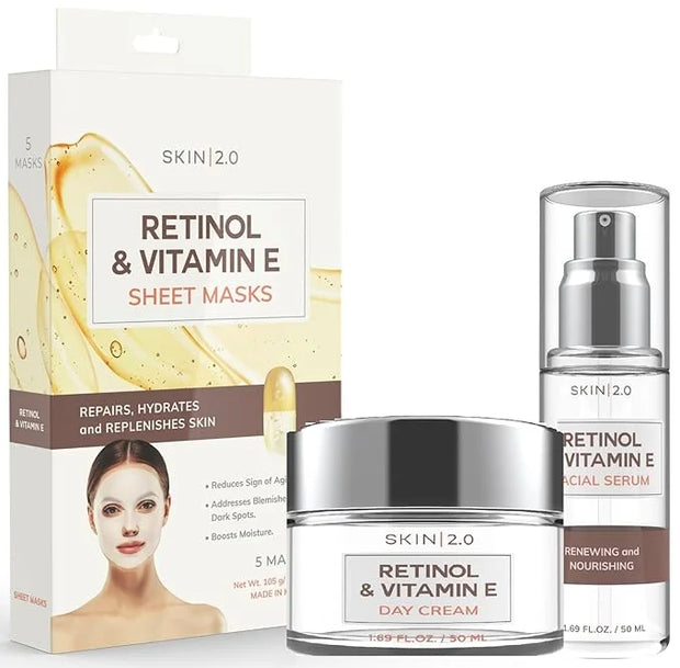 Retinol and Vitamin E Beauty Value Set - Serum, Moisturizer & Face Sheet Masks - Product Image