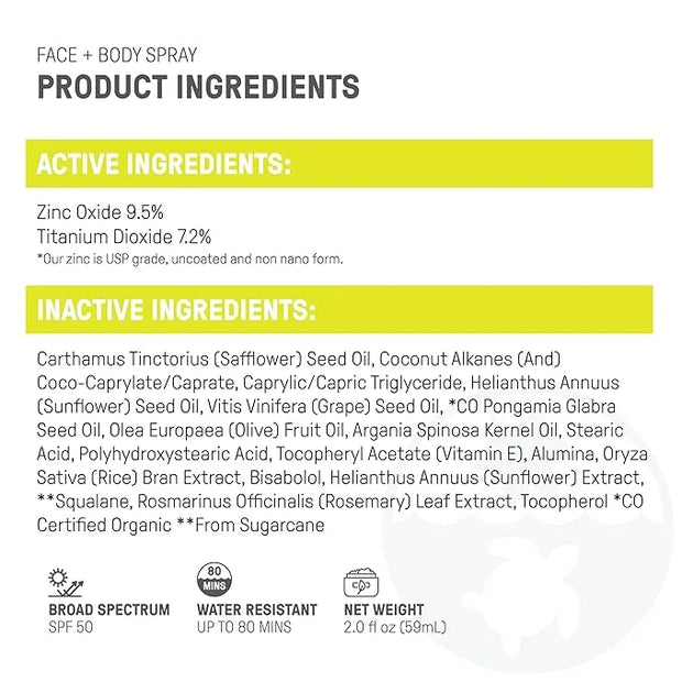 Raw Elements Face + Body Spray SPF 50 All-Natural Mineral Sunscreen - Reef Safe, Water Resistant, Broad Spectrum UVA/UVB P...