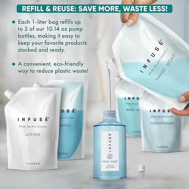 1 Liter Hand Wash Refill Bag For Soap Dispensers | Bulk Toiletries for Vacation Rentals, and Home Bathroom Showers | White...