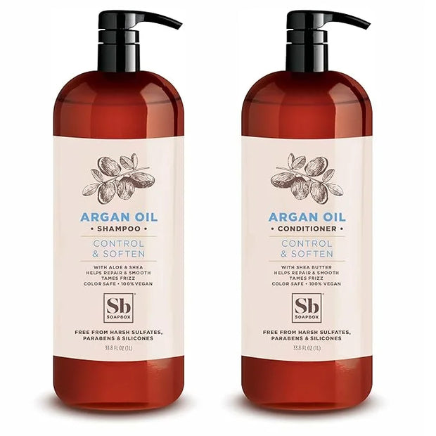 Soapbox Argan Shampoo & Conditioner Set, Volumizing, Vegan, Color Safe, Harsh Sulfate & Silicone Free, 1 Liter Each (Pack ...