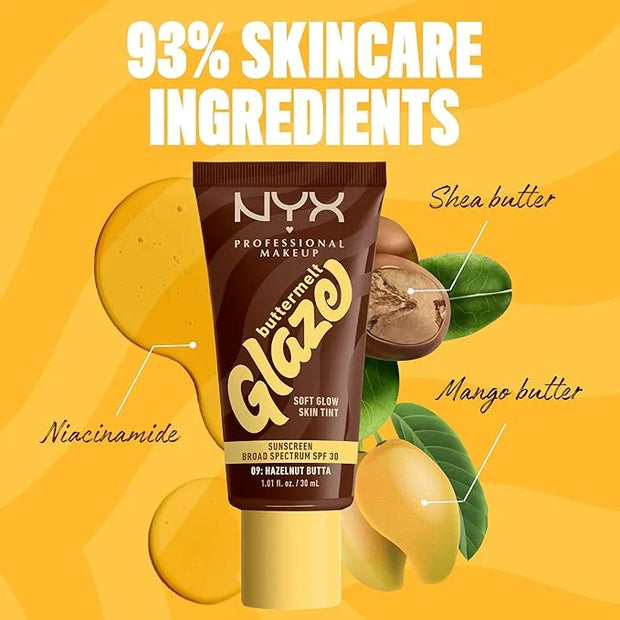 NYX PROFESSIONAL MAKEUP Buttermelt Glaze Soft Glow Skin Tint + SPF 30, Up To 12HR Wear, 09 Hazelnut Butta - Product Image