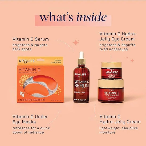 SpaLife Complete Vitamin C Skin Care Variety Bundle - Nourishing Under Eye Patches, Revitalizing Face & Eye Cream, and Pot...