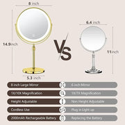 10X Large Lighted Makeup Mirror, Rechargeable 8" Height Adjustable Vanity Mirror, 1x/10x Magnifying Mirror with 3 Color, B...