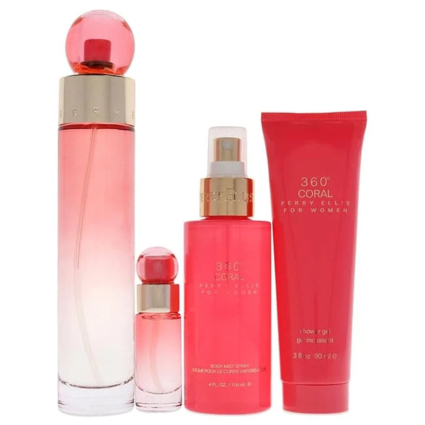 Perry Ellis 360 Coral 3.4oz EDP Spray, 4oz Body Mist, 3oz Shower Gel, 0.25oz EDP Spray Women 4 Pc Gift Set - Product Image