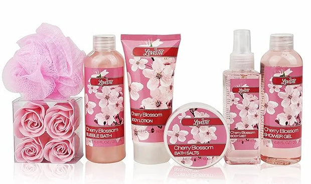 Spa Bath and Body - Spa Gift Baskets for Women & Girls, Cherry Fragrance, Spa Birthday Gift Includes Loofah Sponge, Bath S...