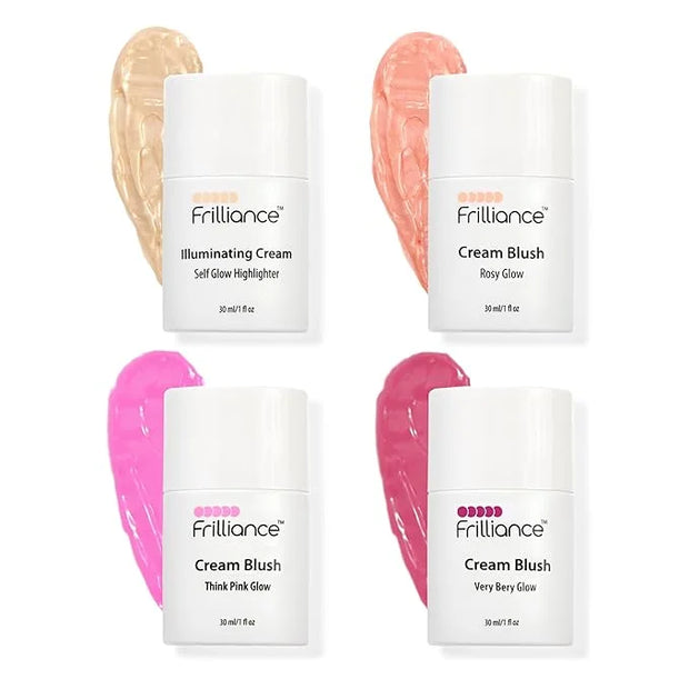 Frilliance Illuminating Cream, Hydrating Highlighter & Blush Vault Bundle, (4 Pack - Rosy Glow, Very Berry, Think Pink, Se...